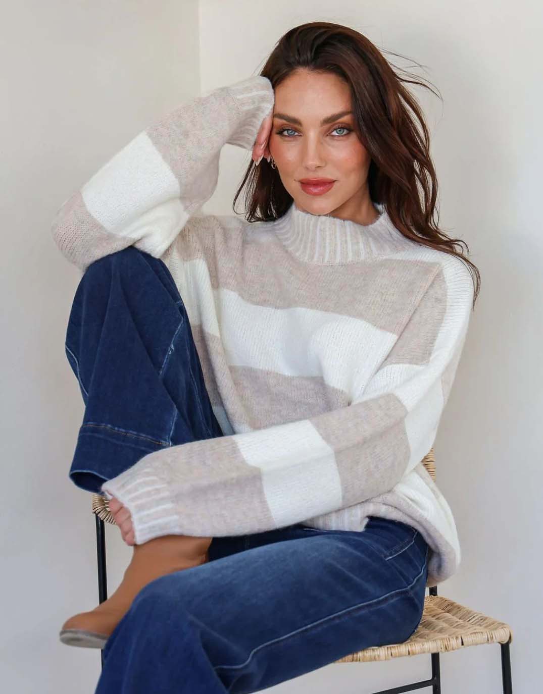 Gigi Wool Blend Stripe Knit - Latte/Winter White