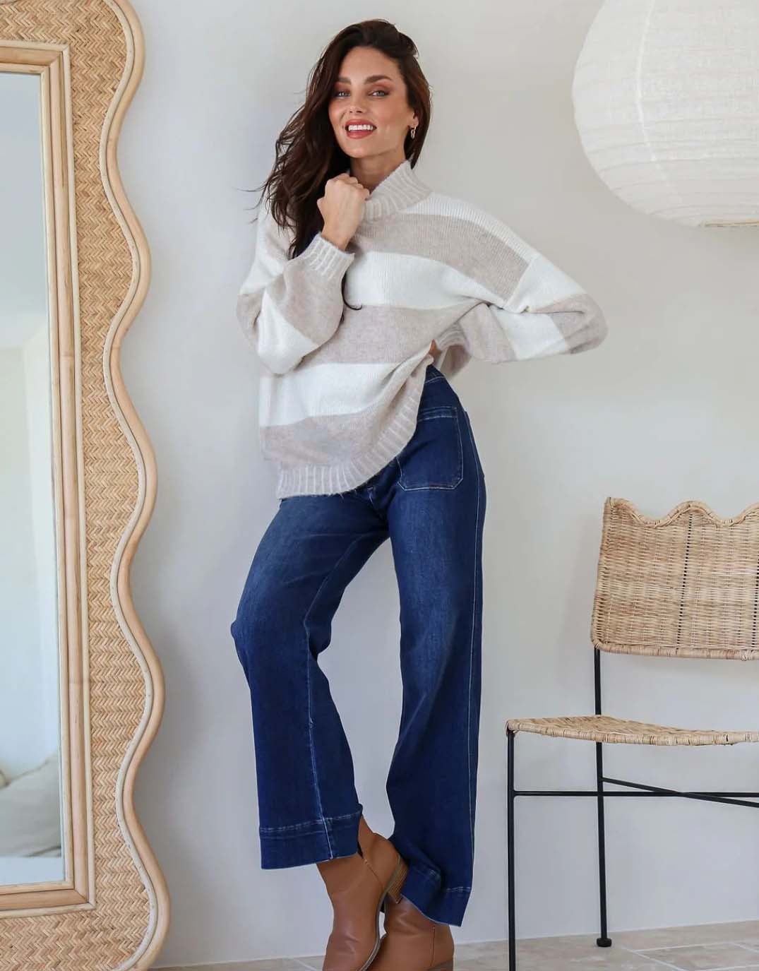 Gigi Wool Blend Stripe Knit - Latte/Winter White