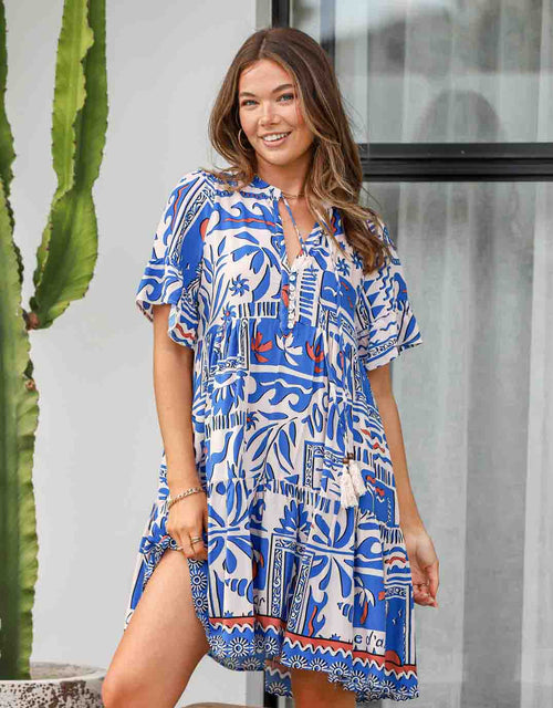 132-fashion-phoenix-palm-border-button-tassel-dress-blue-tan-womens-clothing