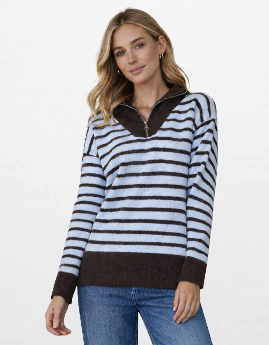 Pippa Stripe Zip Knit - Chocolate/Blue