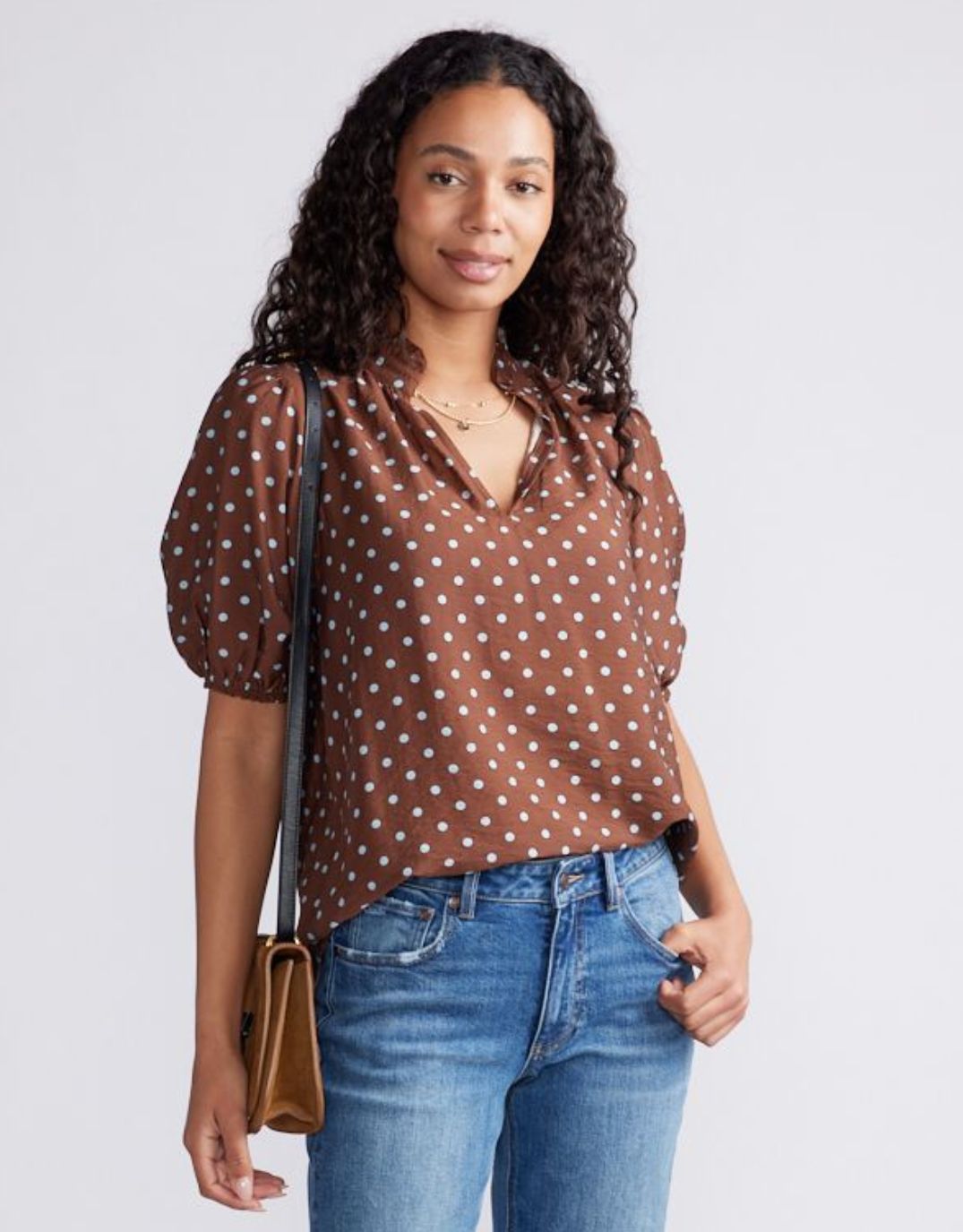 Ascot Ruffle Blouse - Choc/Blue Polka Dot