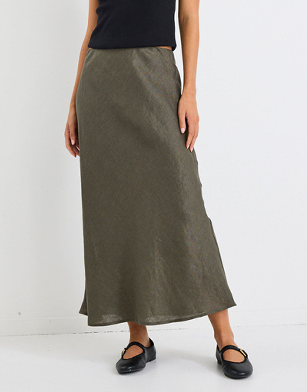 Bliss Linen Bias Midi Skirt - Khaki