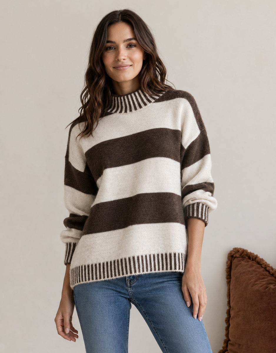 Gigi Wool Blend Stripe Knit - Chocolate/Natural 132 Fashion for