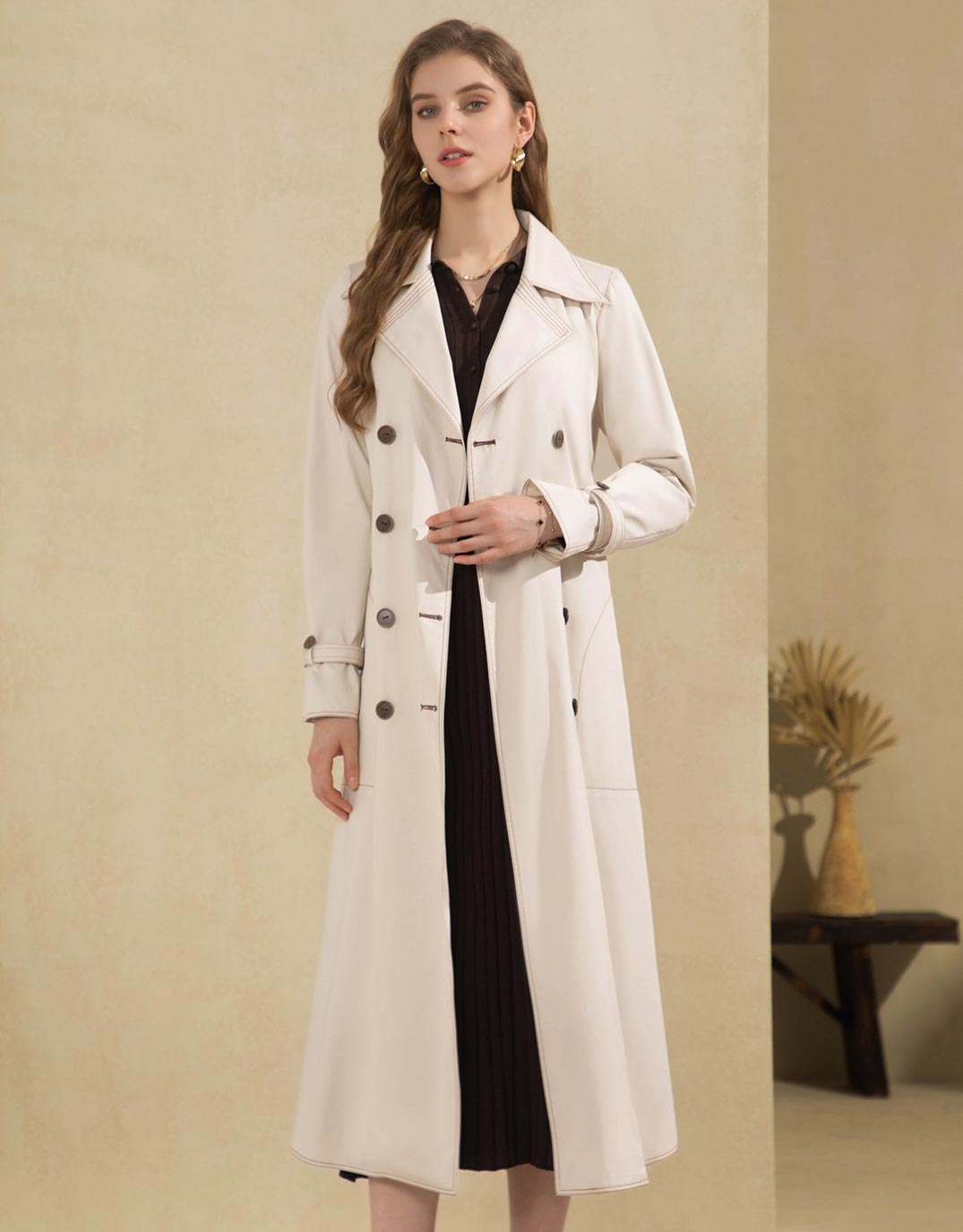 Marchesa Long Trench Coat - Beige