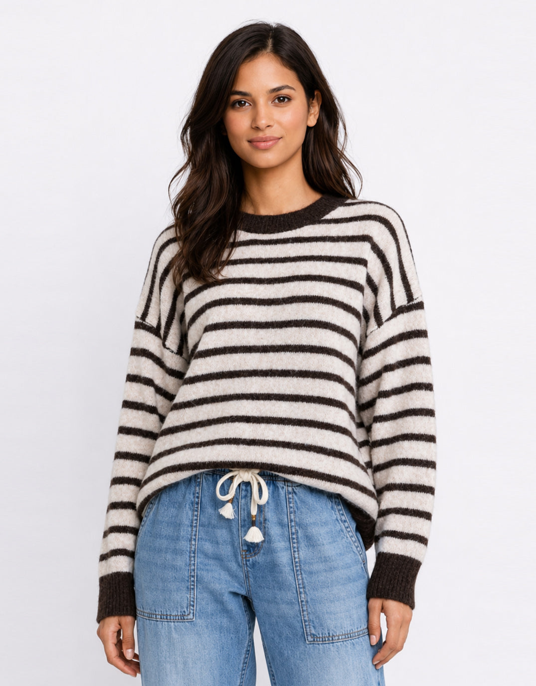 Zara Woolblend Stripe Contrast Knit - Natural/Chocolate