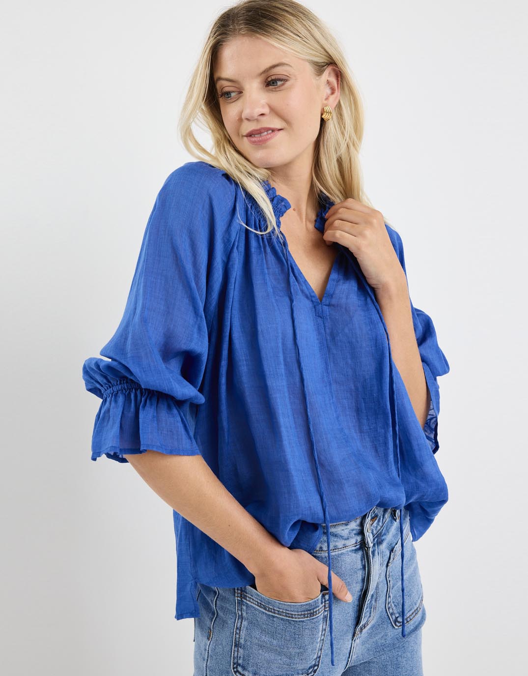 among-the-brave-expedition-shirred-neck-short-sleeve-top-blue-womens-clothing