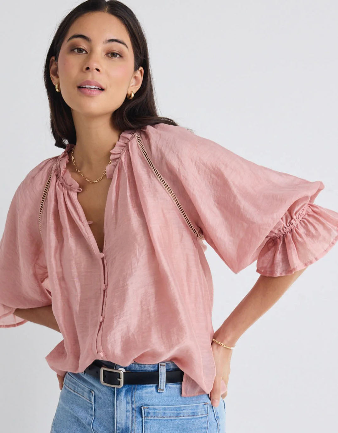 by-rosa-encounter-gathered-button-front-top-blush-womens-clothing