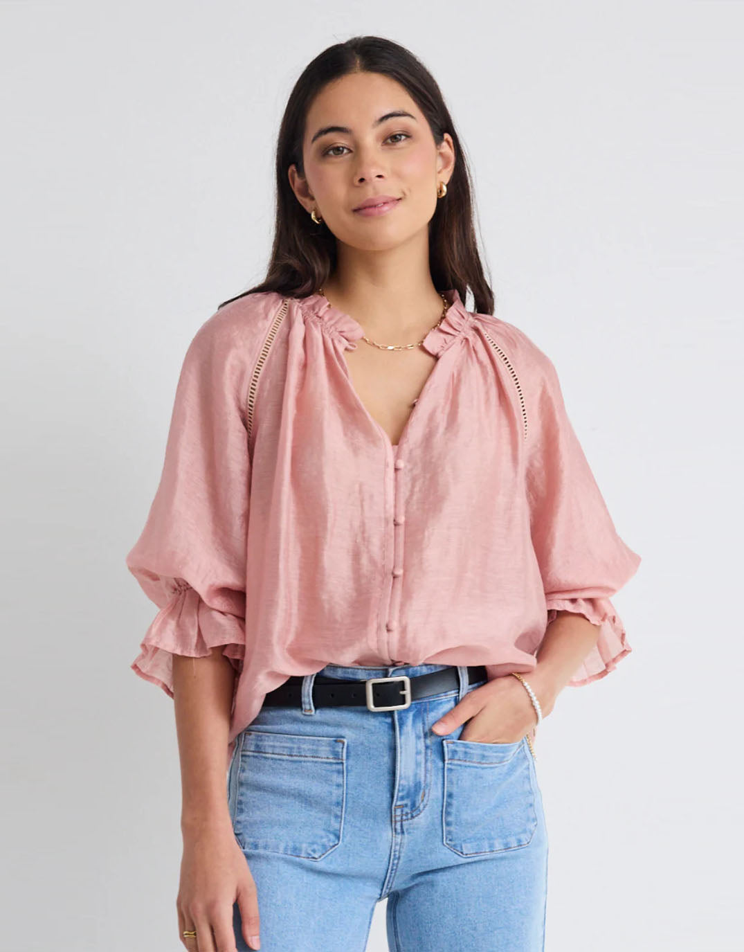 by-rosa-encounter-gathered-button-front-top-blush-womens-clothing