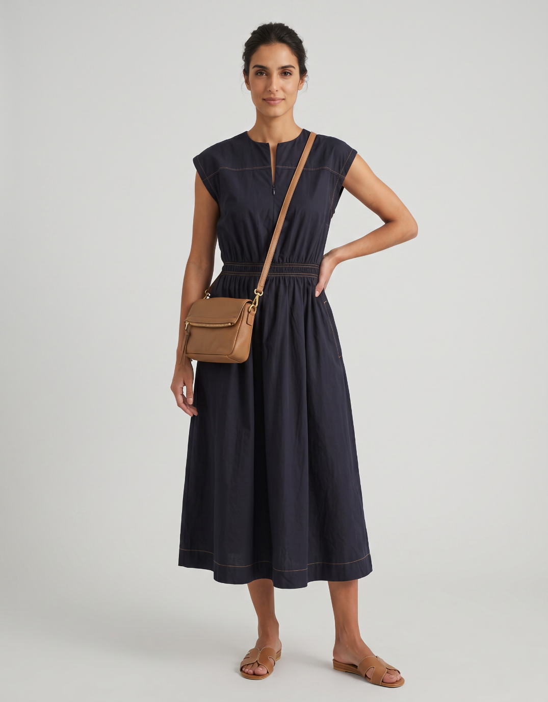 Cooper Contrast Stitch Dress - Navy/Tan