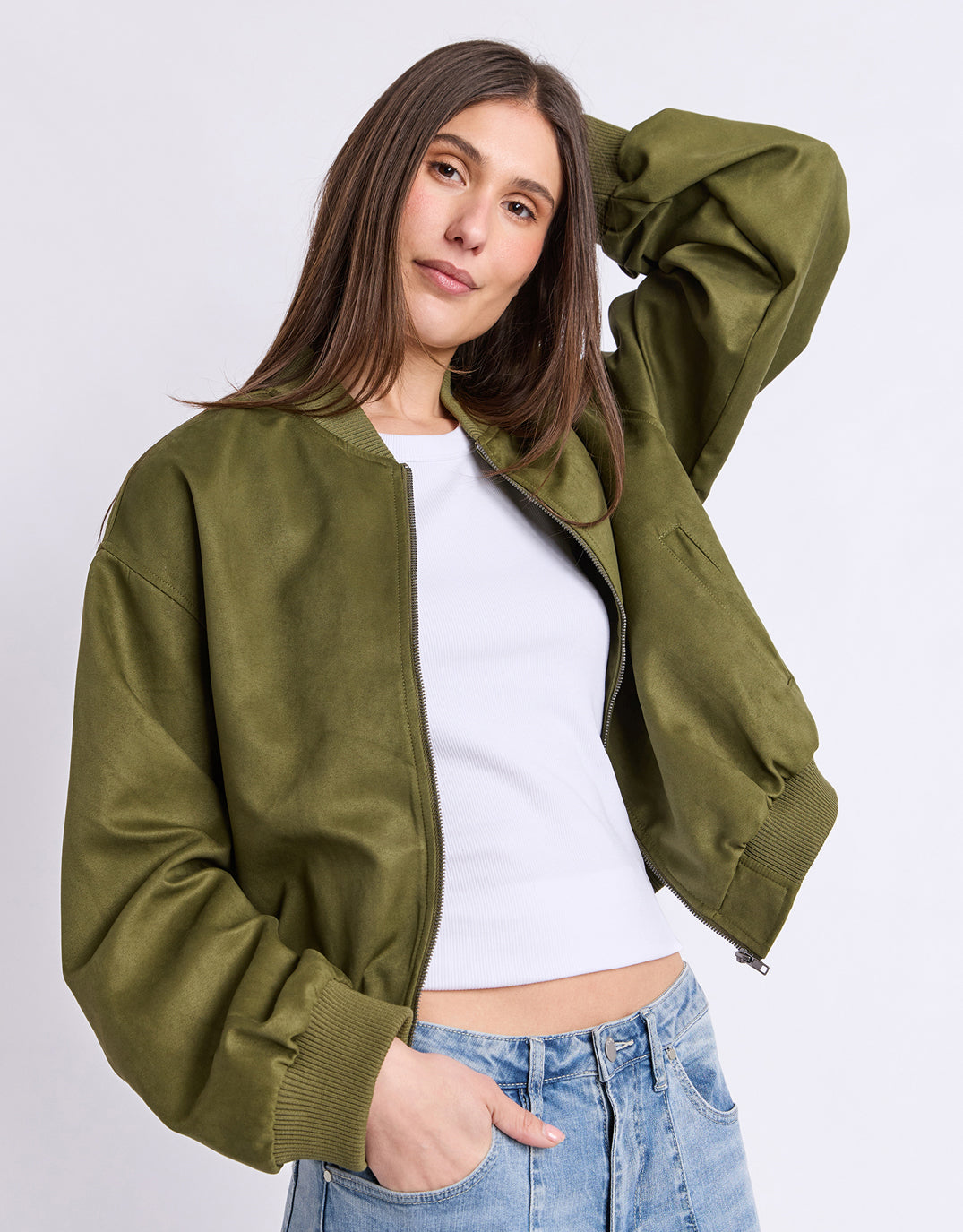Evie Suede Bomber - Olive