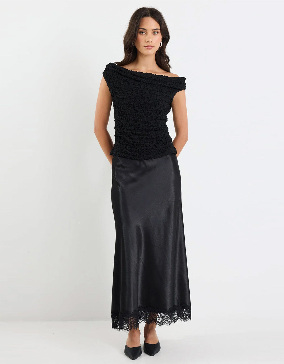 Margarita Satin Lace Trim Bias Maxi Skirt - Black