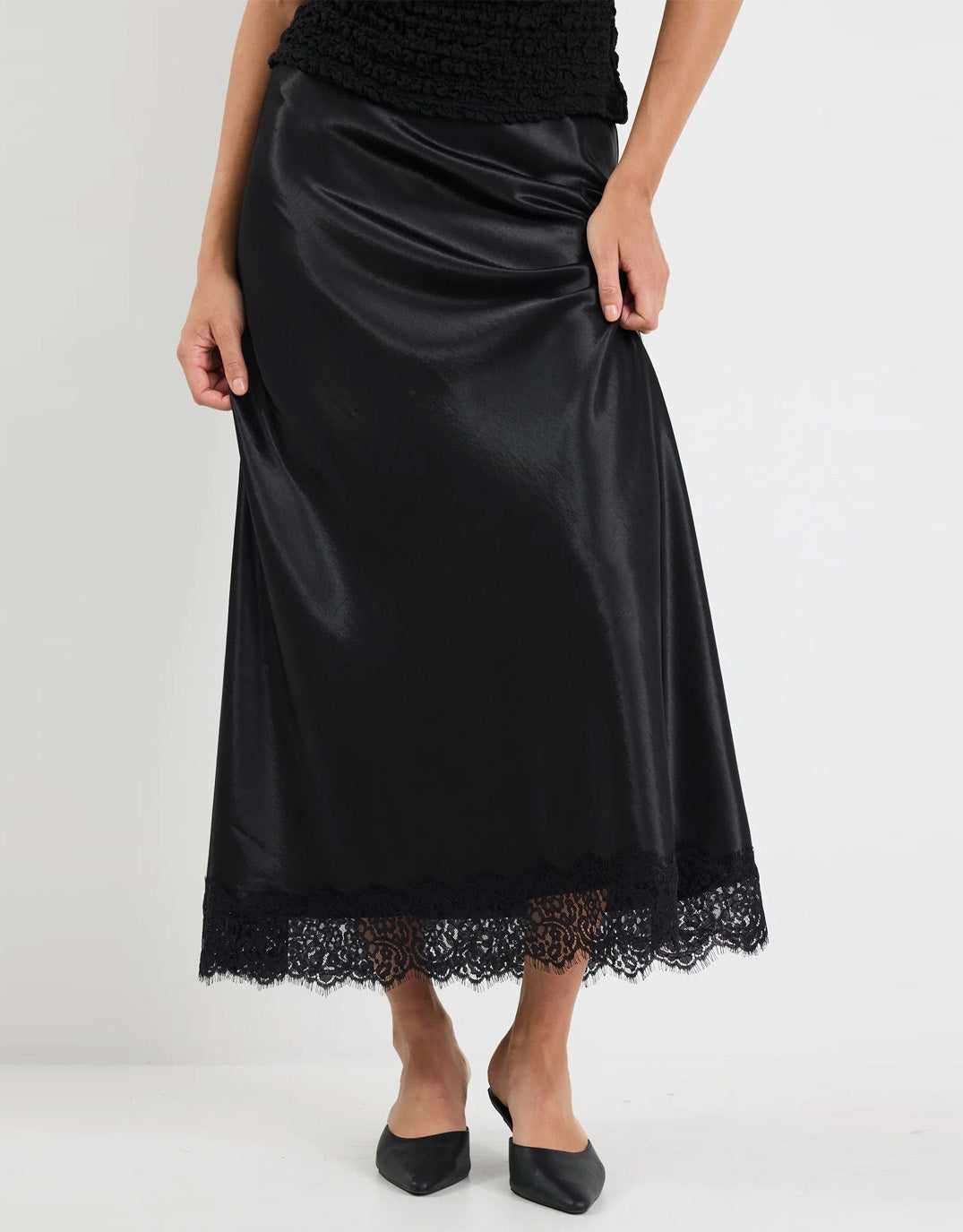 Margarita Satin Lace Trim Bias Maxi Skirt - Black