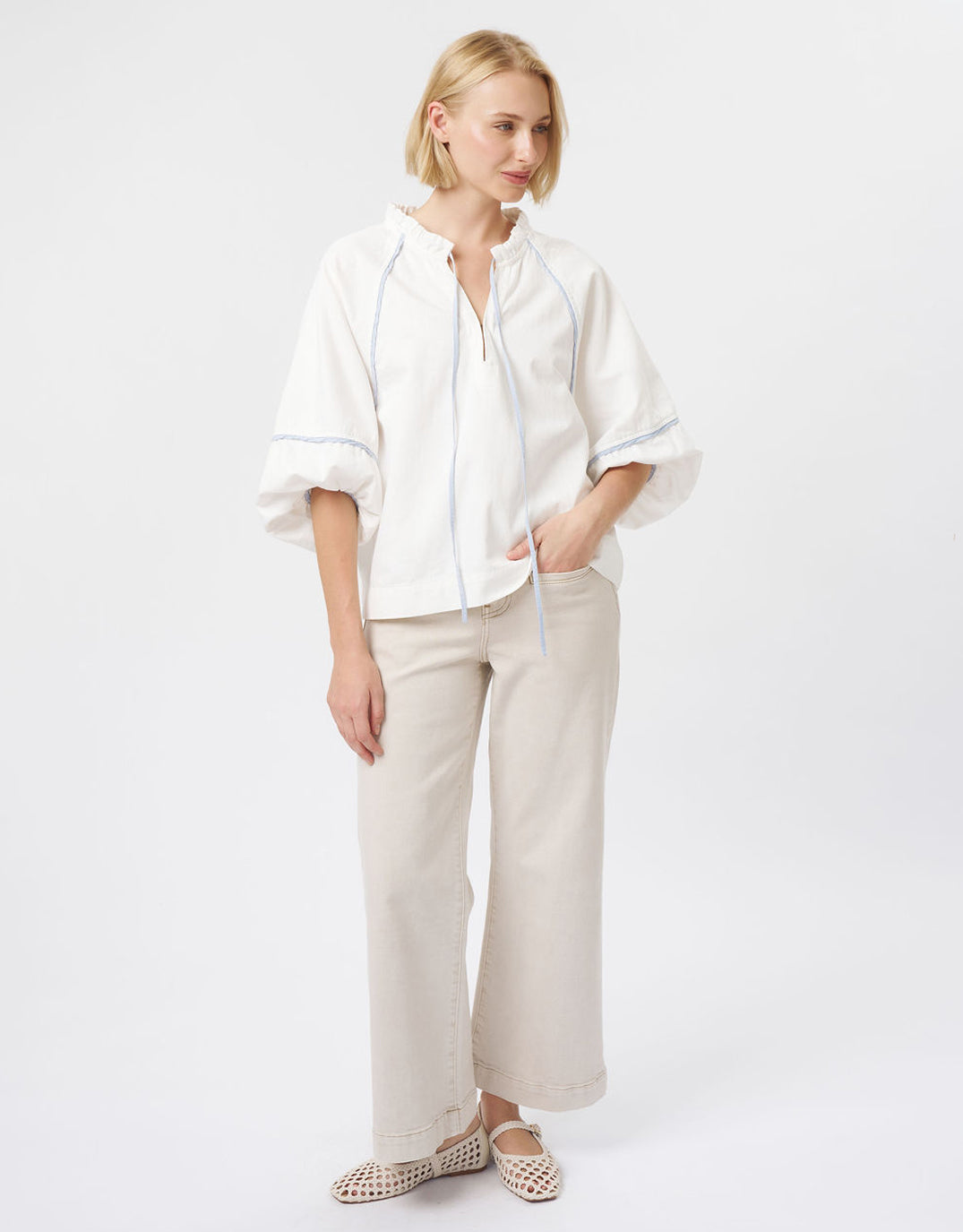 Joanne Denim Shirt - White/Blue Trim