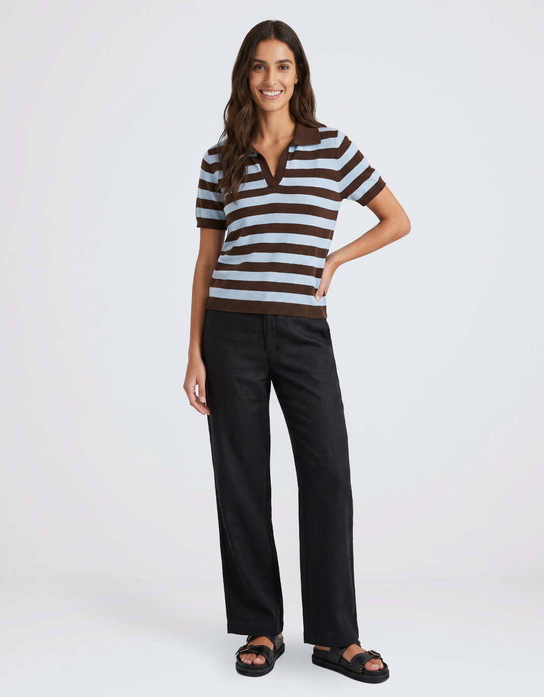 Knit Striped Polo - Chocolate/Blue