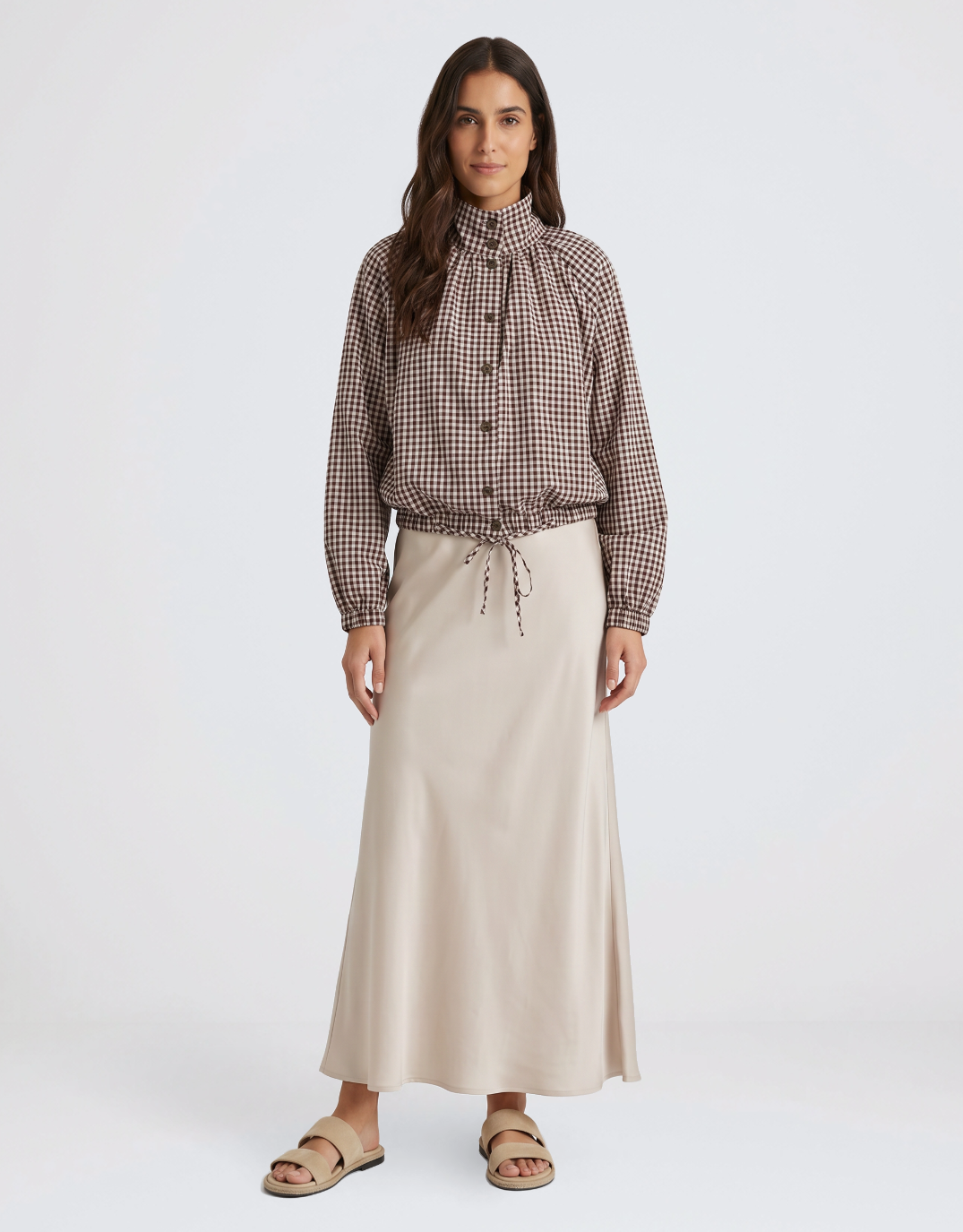 Margot Gathered Hem Shirt - Choc/White