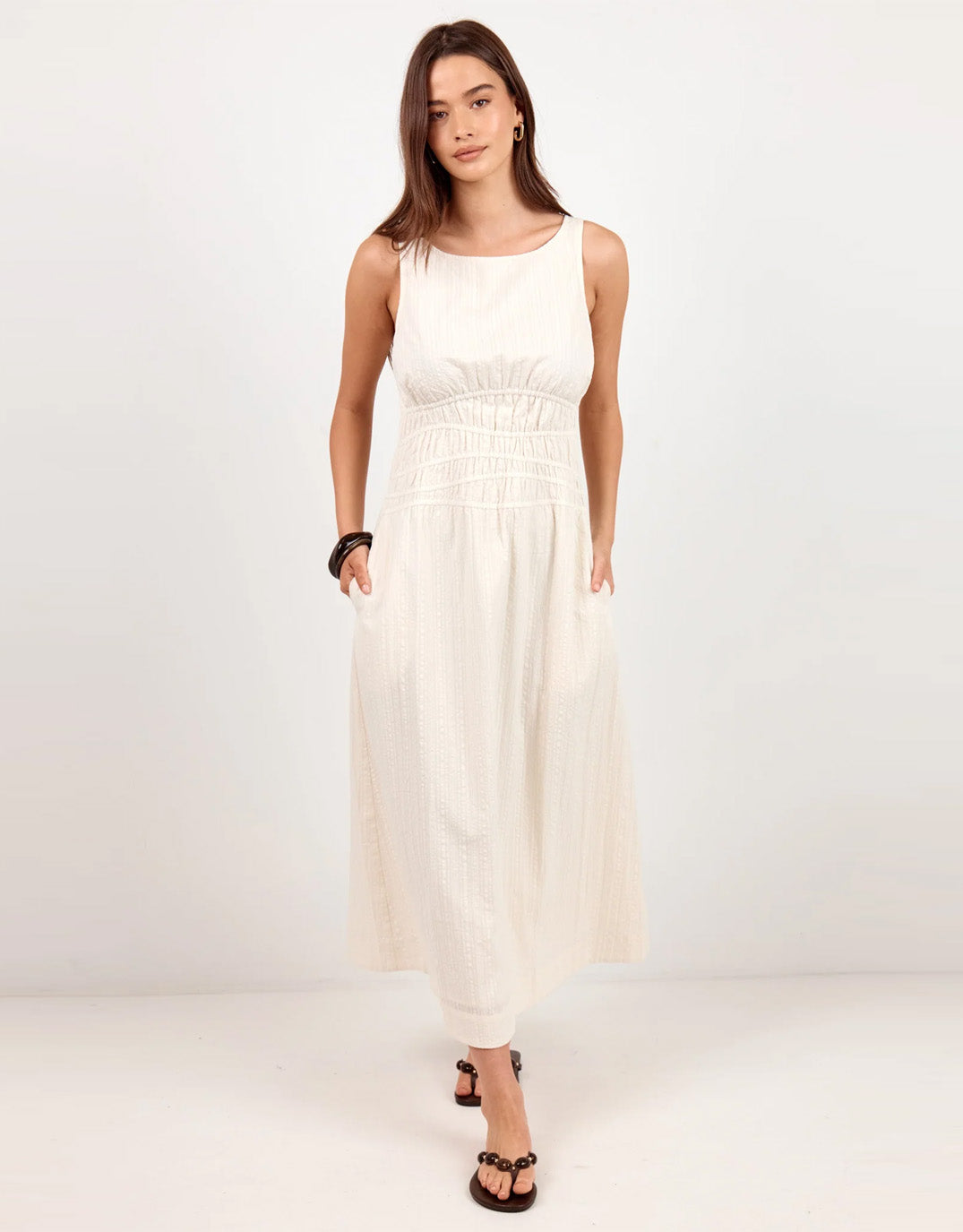 Lucent Sleeveless Abstract Shirring Midi Dress - Cream