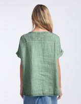 V Neck Calypso Linen Short Sleeve Top - Sage