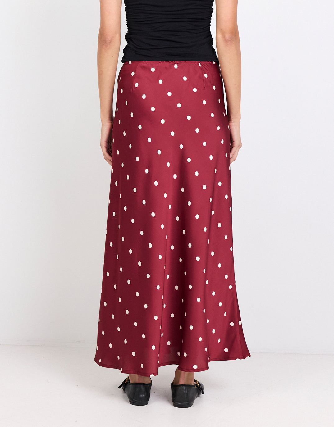 stories-be-told-rarity-satin-tie-waist-bias-maxi-skirt-winecream-polka-dot-womens-clothing