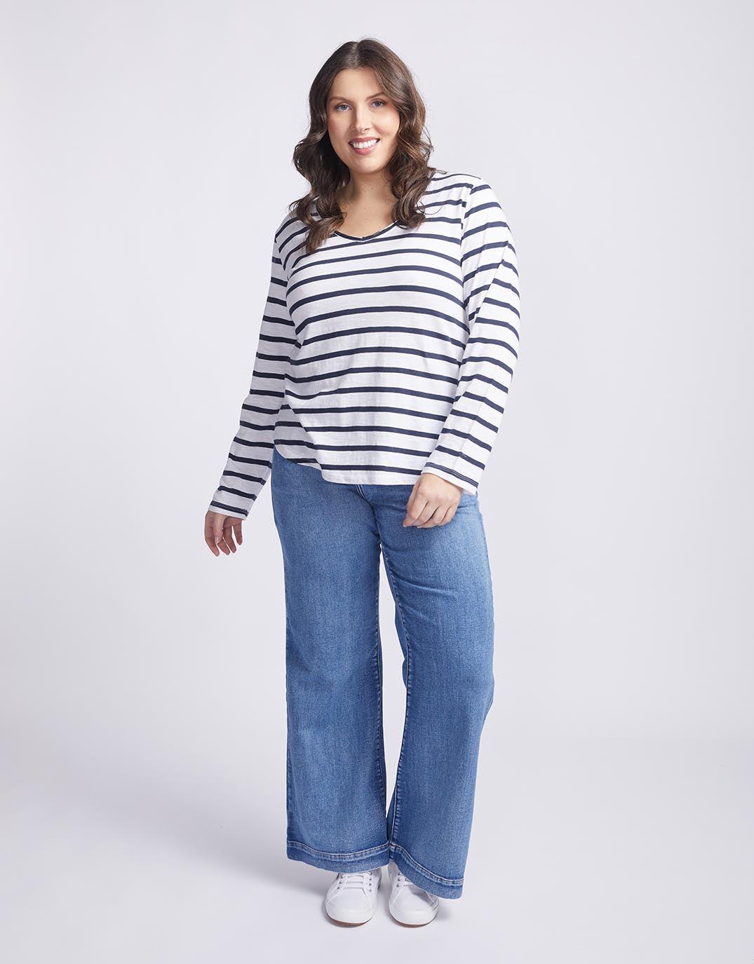 White & Co. - Original V-Neck Long Sleeve T-Shirt - Navy/White Stripe - White & Co Living Tees & Tanks