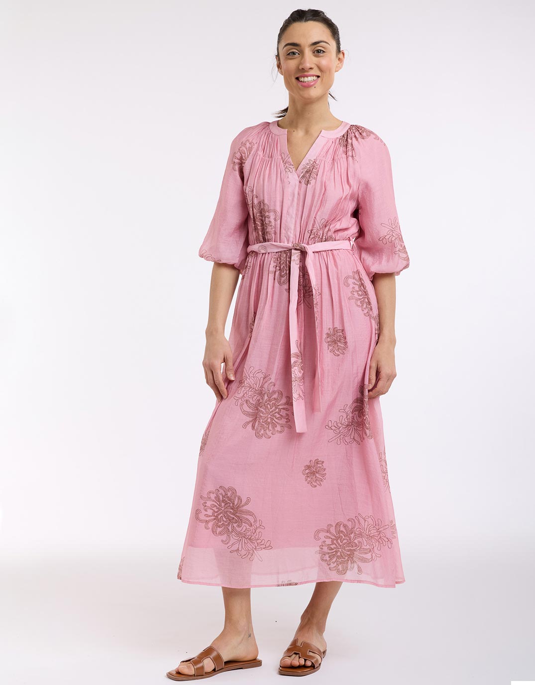 V-Neck Dress With Billow Sleeve - Choc/Pink