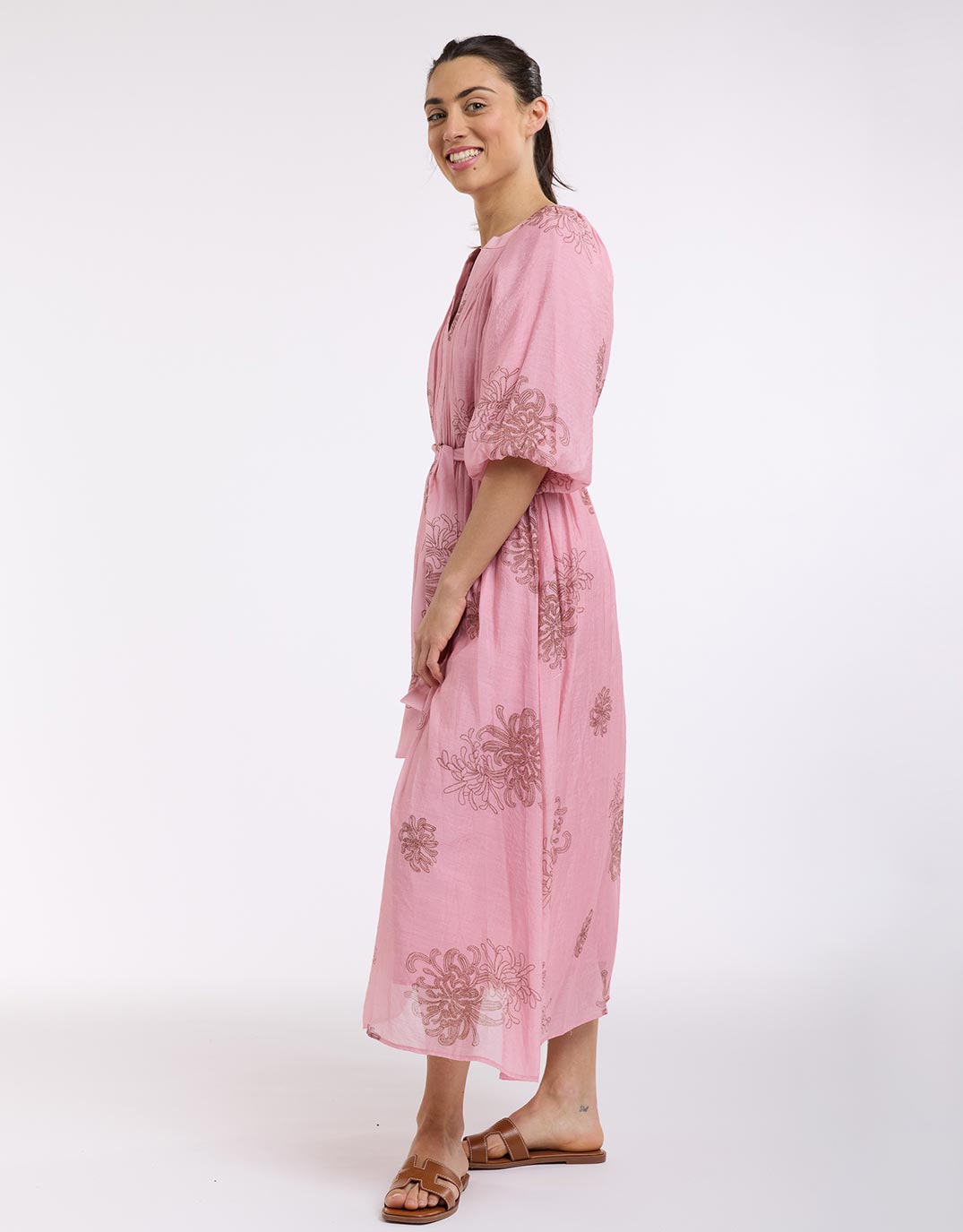 V-Neck Dress With Billow Sleeve - Choc/Pink