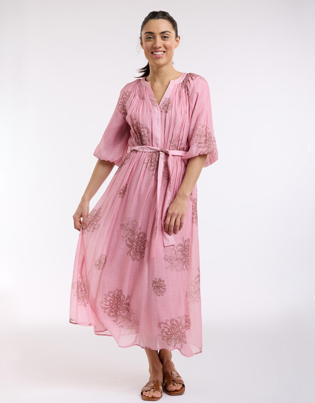 V-Neck Dress With Billow Sleeve - Choc/Pink