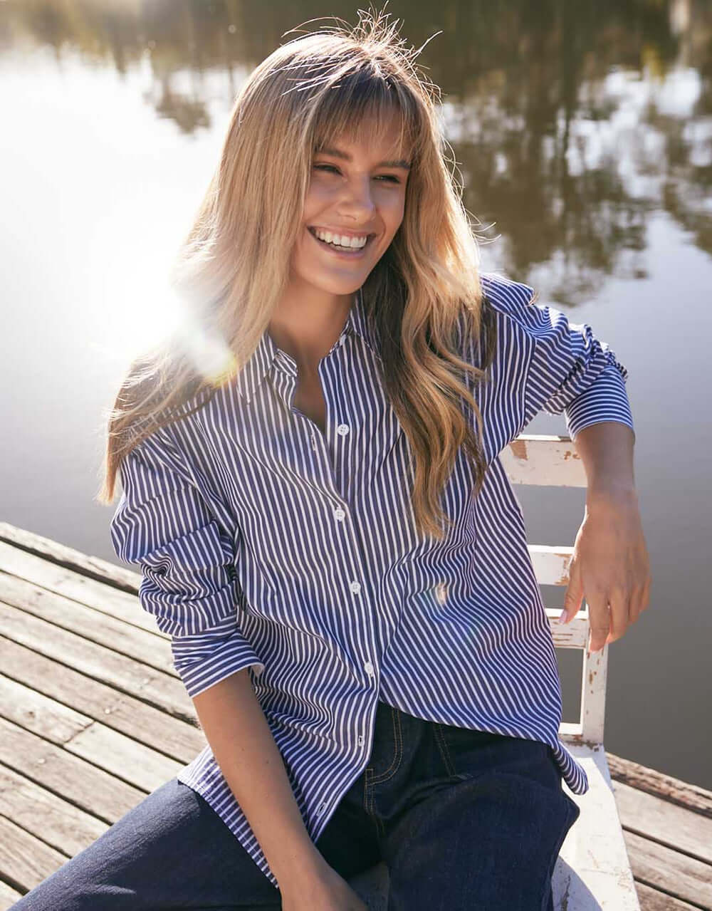 Hayley Double Cuff Shirt - Navy/White