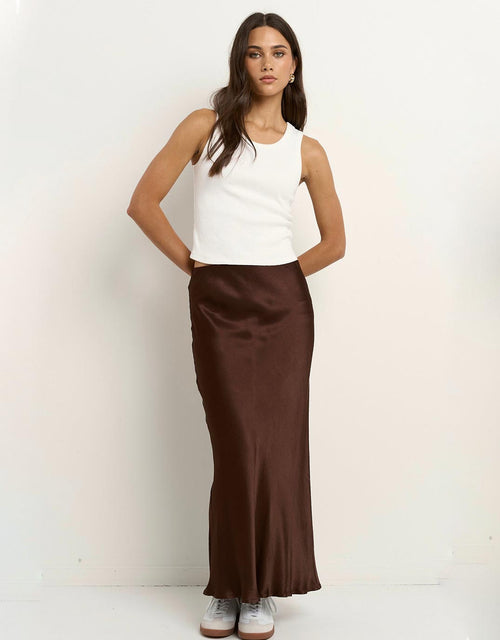Rosette Satin Bias Midi Skirt - Chocolate