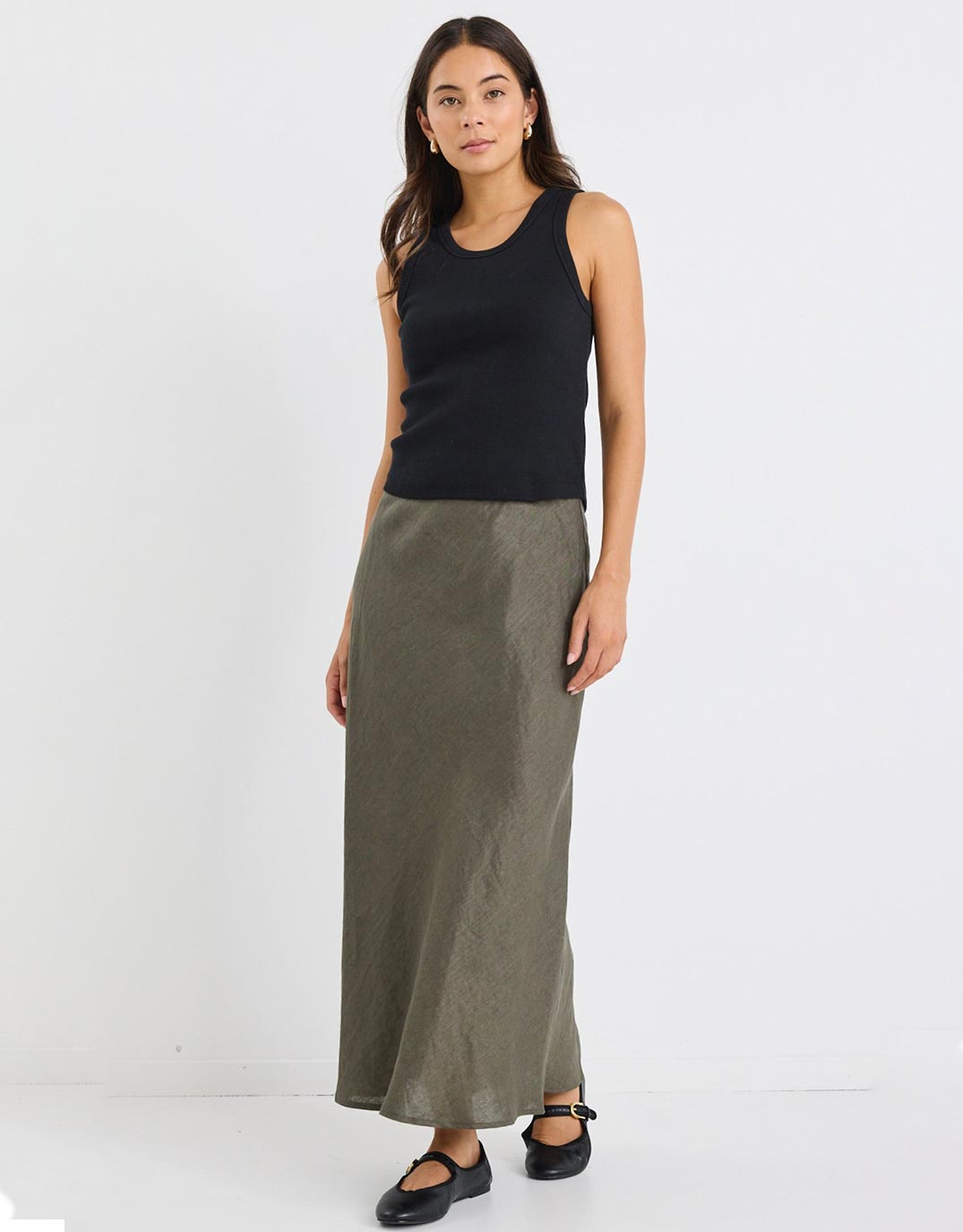 Bliss Linen Bias Midi Skirt - Khaki