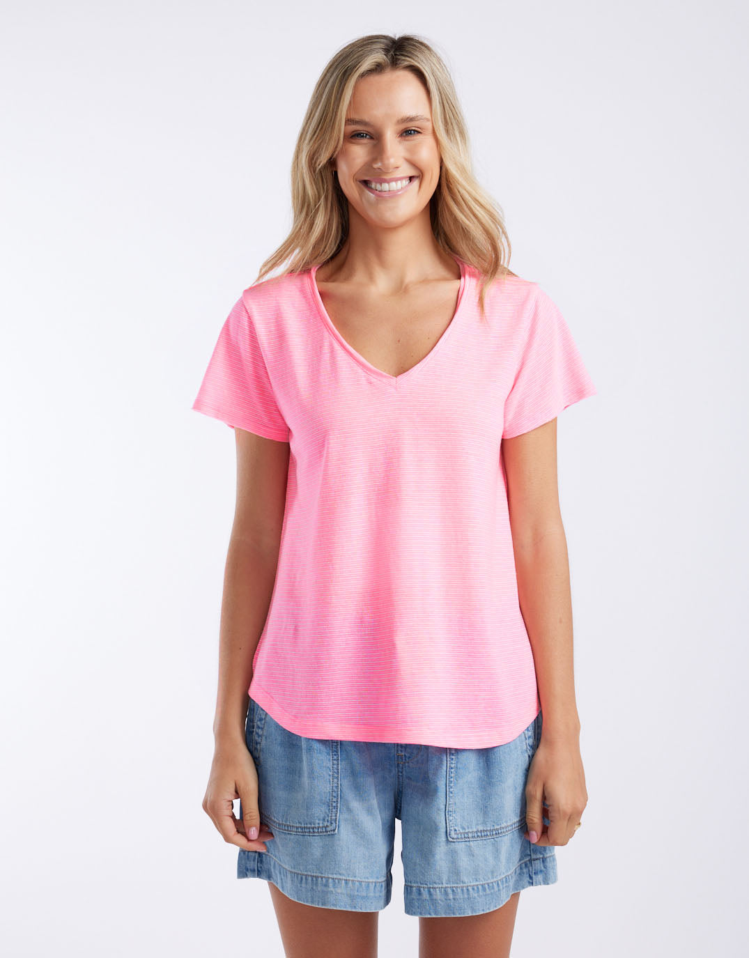 white-co-sorbet-stripe-vee-neck-tee-neon-pink-womens-clothing