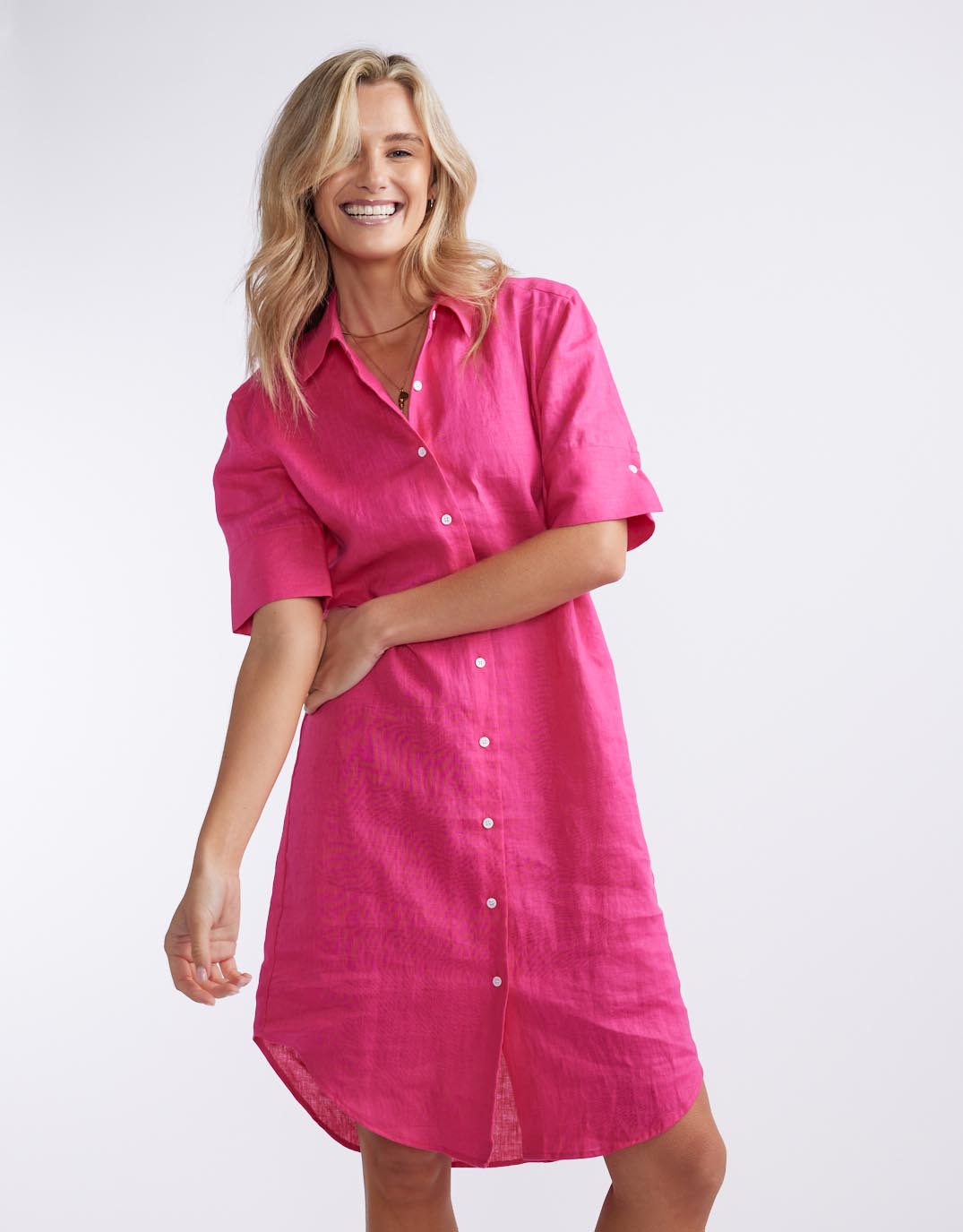 white-ftl-hettie-linen-shirt-dress-fuchsia-womens-clothing