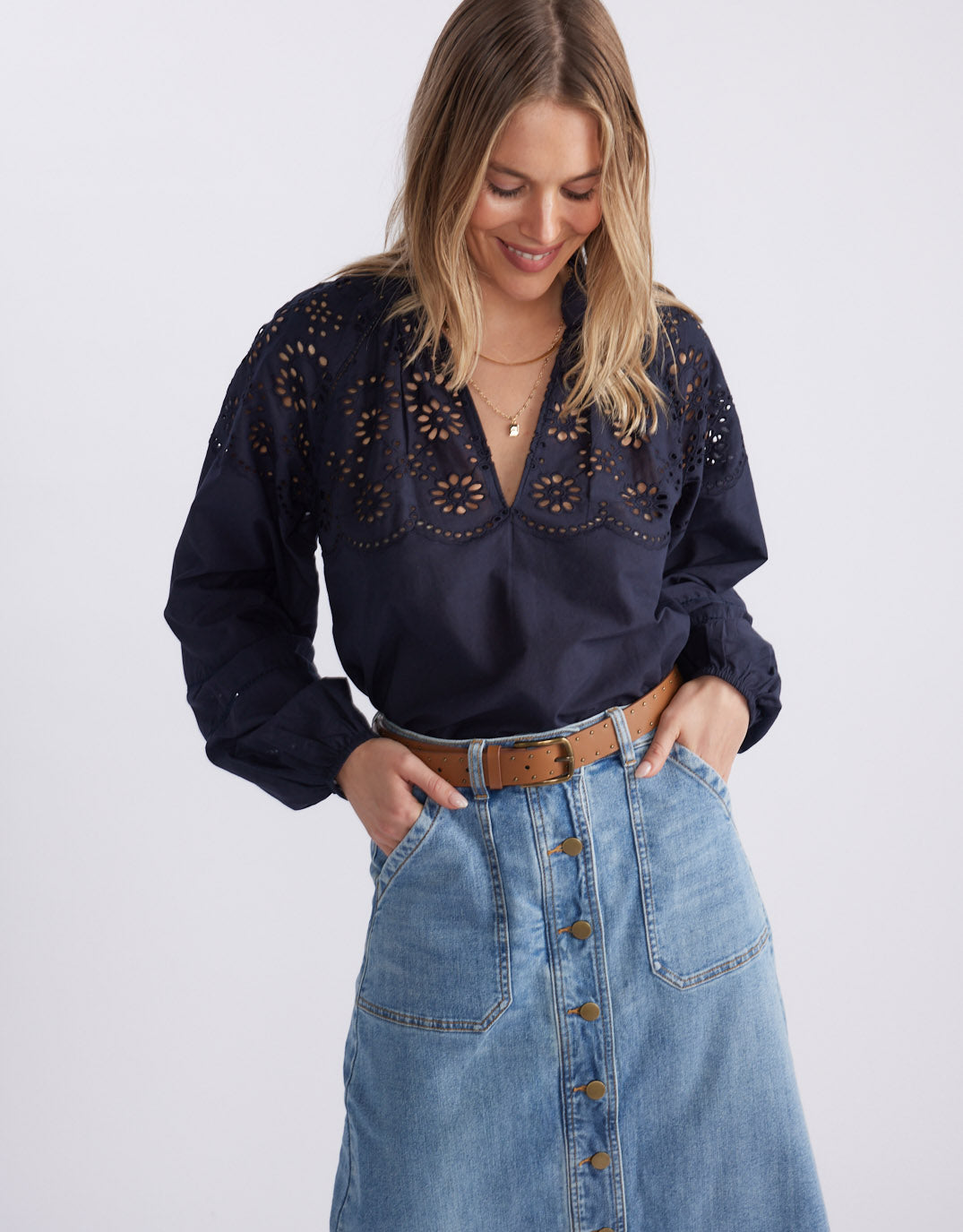 Fleur Broderie Blouse - Navy
