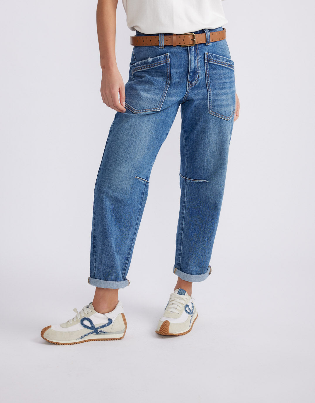 Saskia Stretch Cargo Barrel Jean - Mid Wash