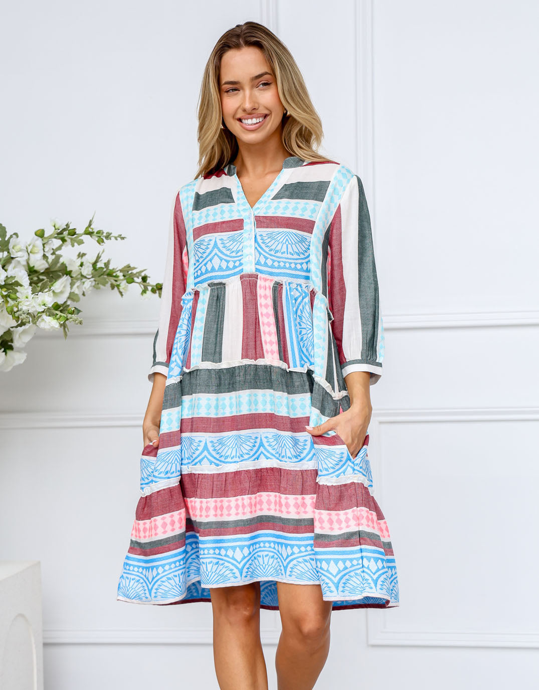 Mediterranean Dress - Blue/Pink/Charcoal