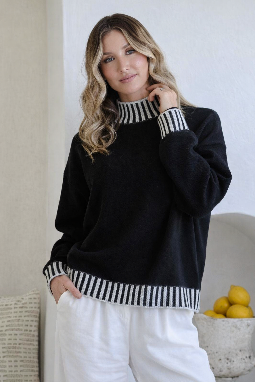 Mara Blanket Stitch Knit - Black/Latte