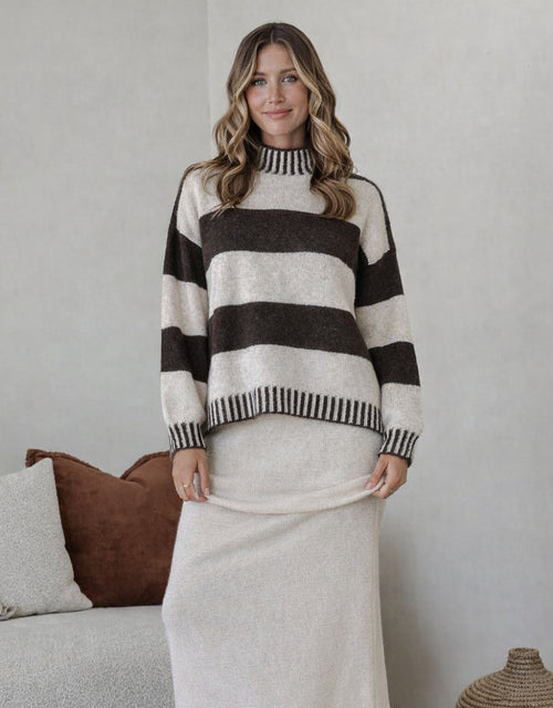 Gigi Wool Blend Stripe Knit - Chocolate/Natural