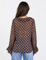 Bohemian Polka Dot Sheer Frill Front Blouse - Chocolate