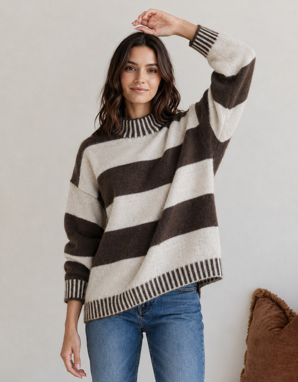 Gigi Wool Blend Stripe Knit - Chocolate/Natural
