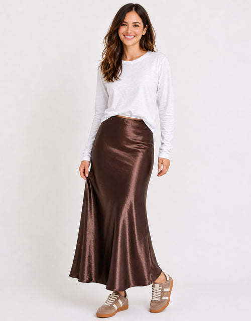 Prodigy Satin Bias Cut Maxi Skirt - Chocolate