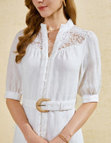 Ila Lace Short Sleeve Linen Dress - White