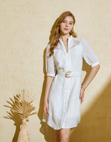 Ila Lace Short Sleeve Linen Dress - White