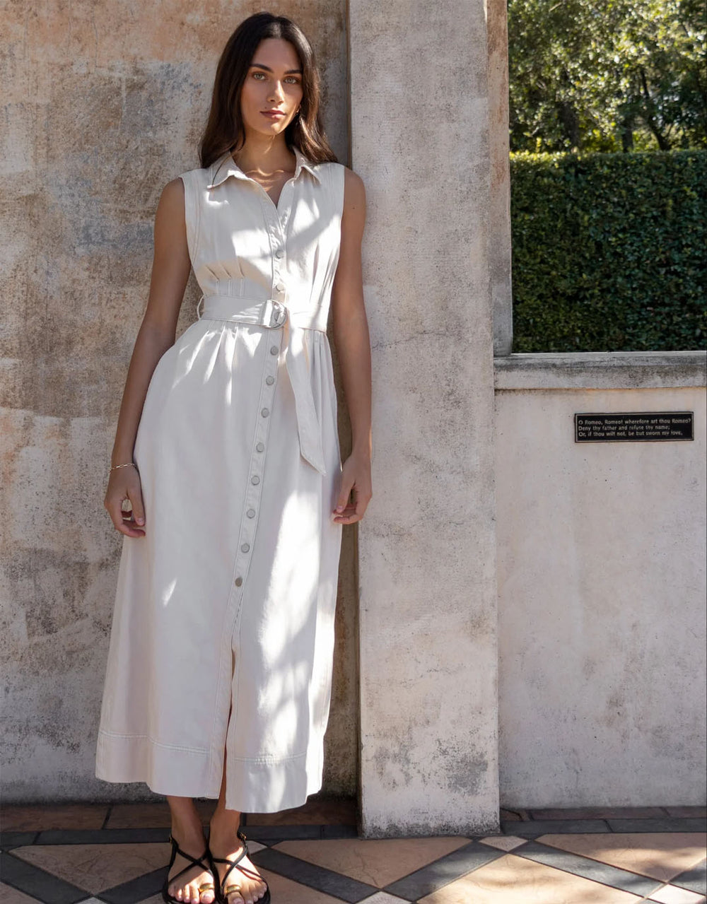 Crescent Denim Sleeveless Midi Shirt Dress - Ecru