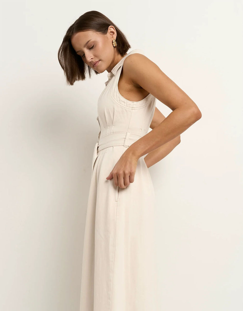 Crescent Denim Sleeveless Midi Shirt Dress - Ecru