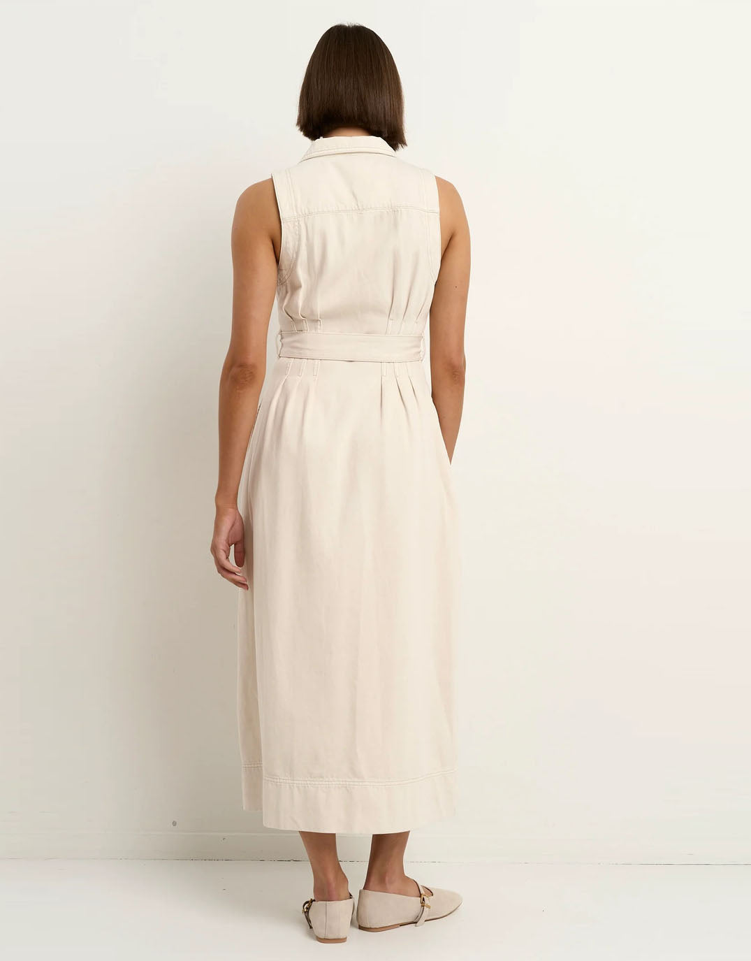 Crescent Denim Sleeveless Midi Shirt Dress - Ecru
