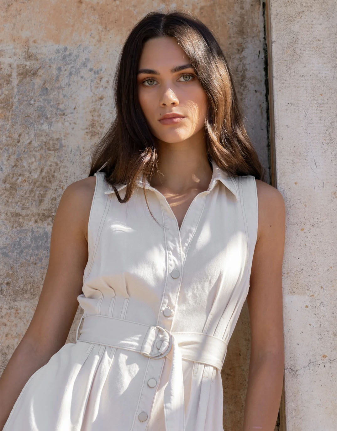 Crescent Denim Sleeveless Midi Shirt Dress - Ecru
