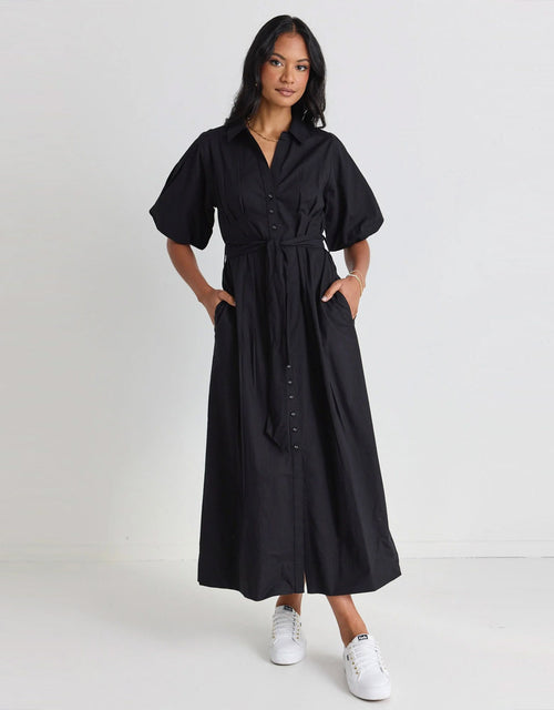 among-the-brave-dusk-puff-sleeve-collared-midi-dress-black-womens-clothing