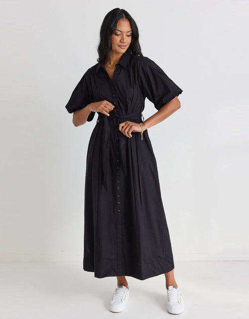 among-the-brave-dusk-puff-sleeve-collared-midi-dress-black-womens-clothing