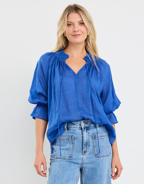 among-the-brave-expedition-shirred-neck-short-sleeve-top-blue-womens-clothing