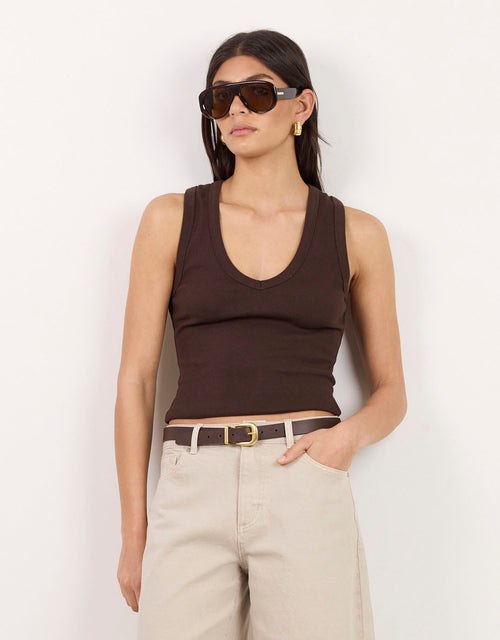 Vale V Neck Rib Tank - Chocolate
