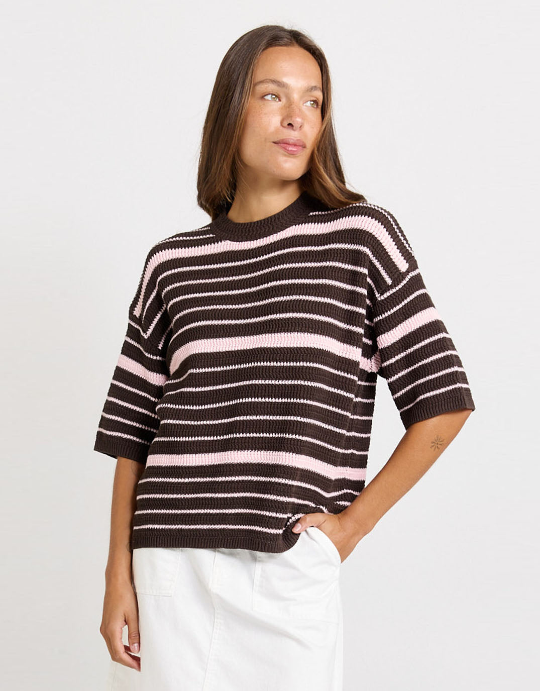 Dylan Knit Tee - Chocolate/Pink Stripe